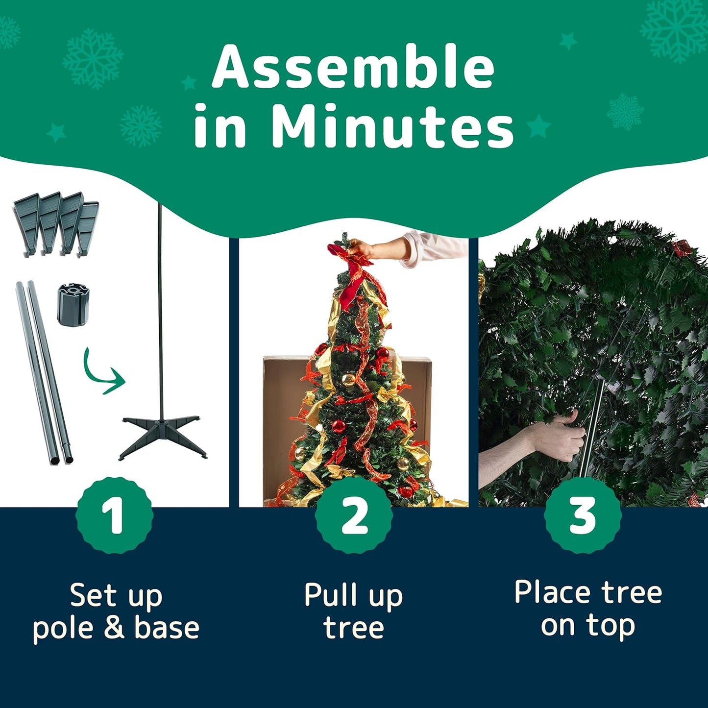 PREXTEX 6 ft Fully Decorated Christmas Tree, Gold and Red Collapsible Christmas Tree with 350 Warm Lights, Bows, Ornaments, Holly Leaves and More, Pop Up Xmas Trees with Lights