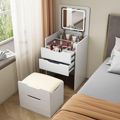 Coiffeuse 3 en 1 peu encombrante avec miroir LED rabattable
