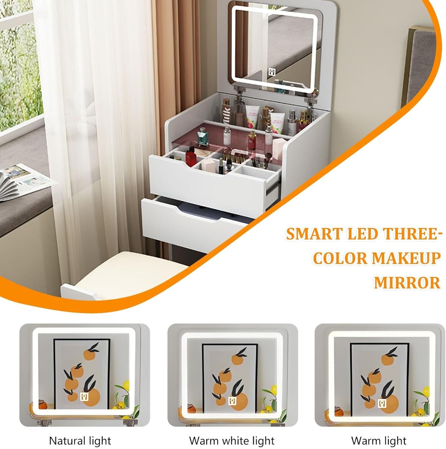 Coiffeuse 3 en 1 peu encombrante avec miroir LED rabattable