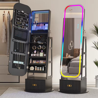 D Armario de Joyas Giratorio 360° Vintage con Espejo y Luces LED
