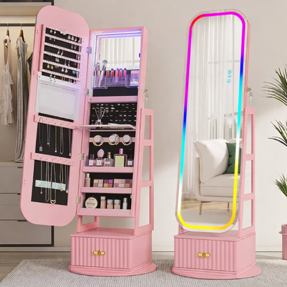 Armoire à bijoux 360° vintage avec miroir et lumières LED