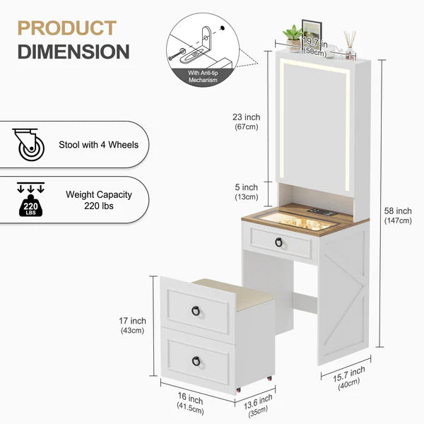 Une coiffeuse 3 en 1 avec miroir LED et tabouret de rangement